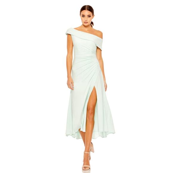 Ieena by Mac Duggal Women's Mint Ruched Off-The-Shoulder Midi Dress Size 8 NWT